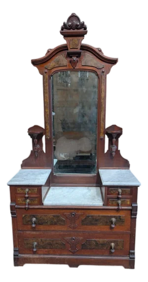 1880s Eastlake Walnut & Burl Walnut Marble Top Mirrored Dresser by w.j. Heney & Co.