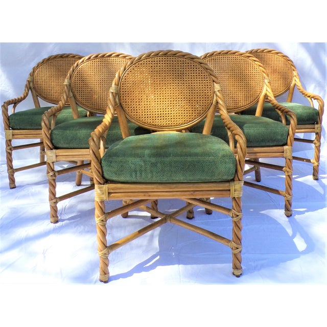 Vintage McGuire Furniture Pecan Finish Twisted Rattan & Cain Arm Chairs