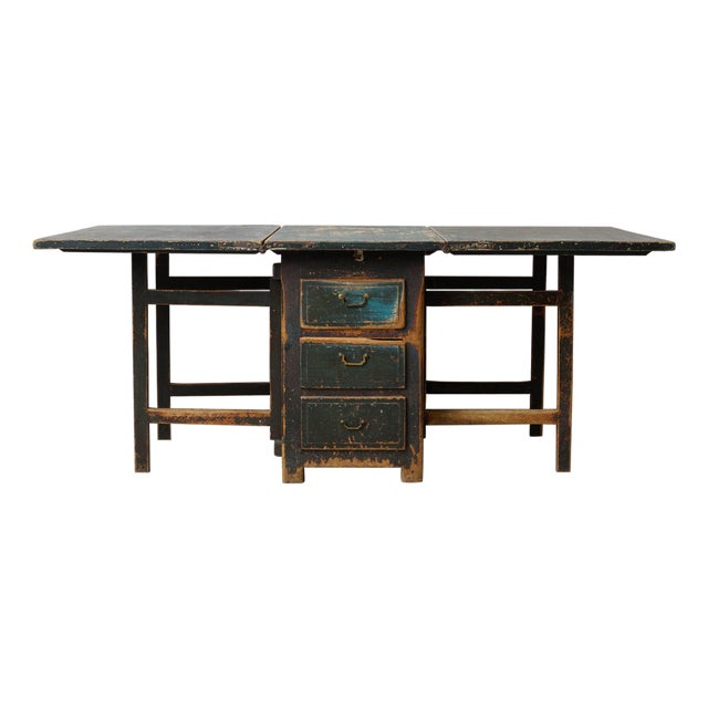 Swedish Folk Art Drop-Leaf Dining Table with Drawers and Rustic Paint For Sale