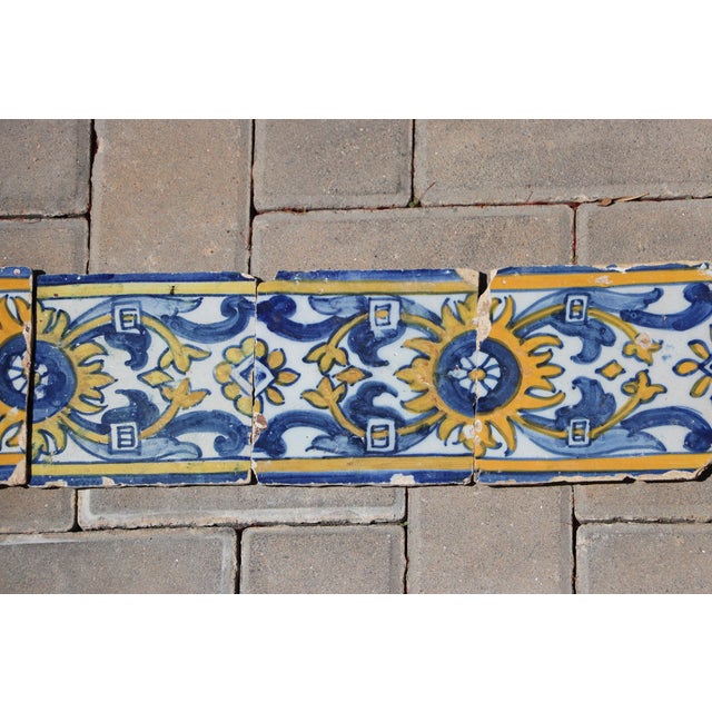 17th Century Portuguese Floral Border Tiles Set of 10 Blue, Yellow & White Antique For Sale - Image 6 of 12