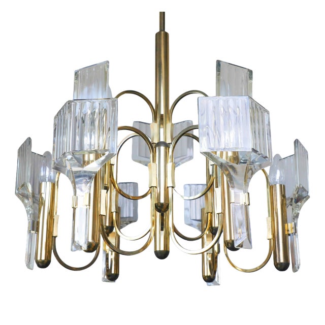 Vintage Brass and Crystal 9-Light Chandelier by Gaetano Sciolari for Sciolari, 1970s For Sale