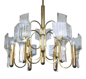Vintage Brass and Crystal 9-Light Chandelier by Gaetano Sciolari for Sciolari, 1970s