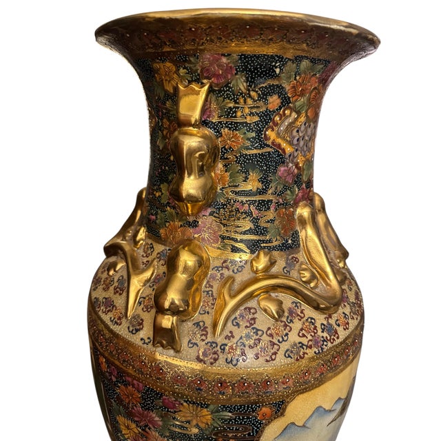 Vintage Royal Satsuma-Style Hand-Painted Porcelain Floor Vase With Gilt Dragon Handles For Sale - Image 9 of 12