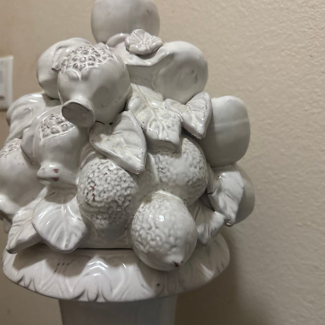 1970s Mid-Century Italian White Glazed Ceramic Fruit Pyramid Topiary on Pedestal For Sale - Image 5 of 8