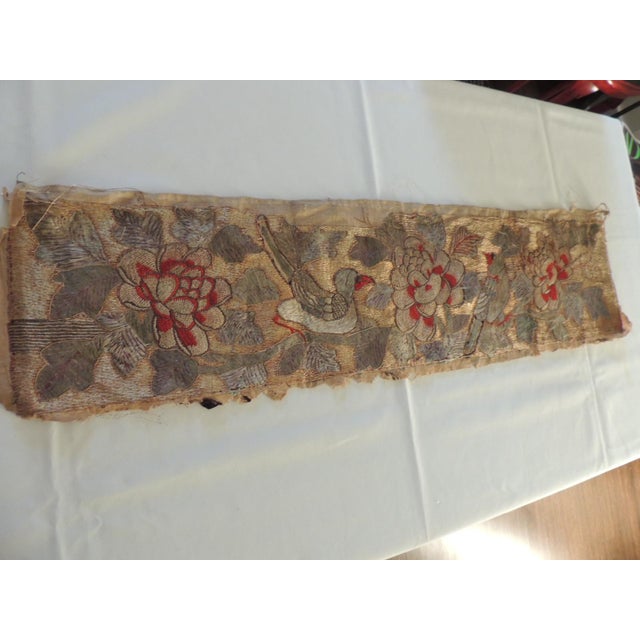 Antique Silk and Metallic Threads Embroidery Panel Depicting flowers and birds. Size: 8.5”H X 33”L