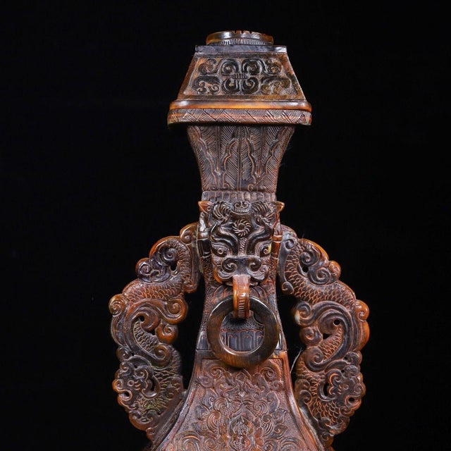 1930s Carved Horn "Landscape & Figure" Vase With Beast-Head Ring Handles — Detailed Relief For Sale - Image 9 of 10