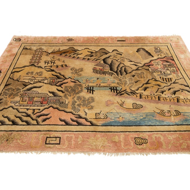 Antique Chinese Art Deco Wool Rug Handmade in Beige With Pictorial Design For Sale In New York - Image 6 of 9