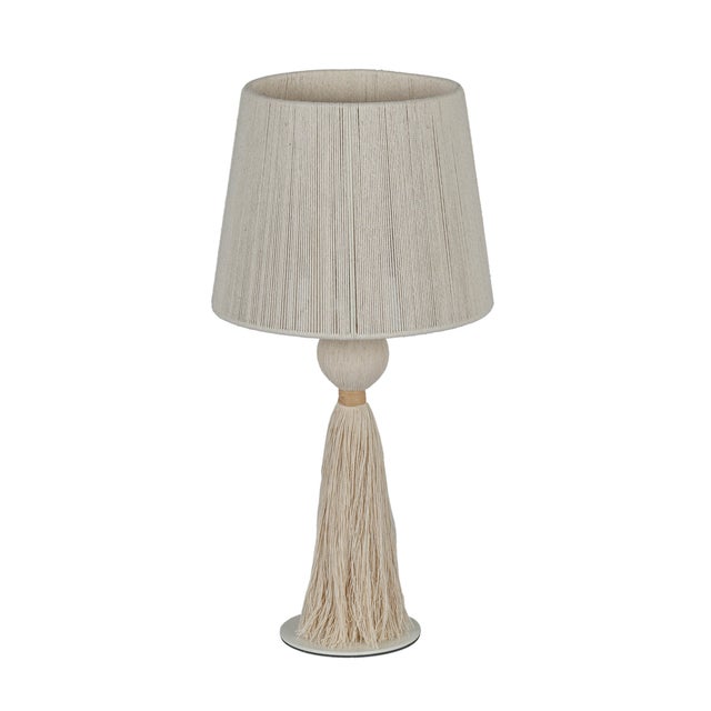 Boho Chic Samba White Cotton Tassel String Table Lamp For Sale - Image 3 of 7