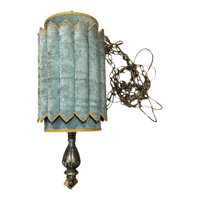 Vintage Boho Style Velvet Teal & Bronze Hanging Pendant Light For Sale
