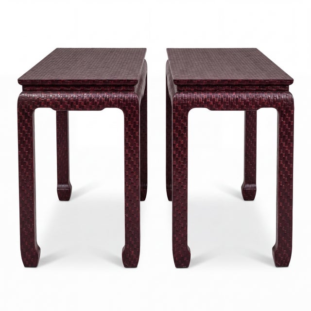 Baker Furniture Company Asian Modern Grasscloth Wrapped Ming Style Console Tables Att. Baker Furn. - Pair For Sale - Image 4 of 6