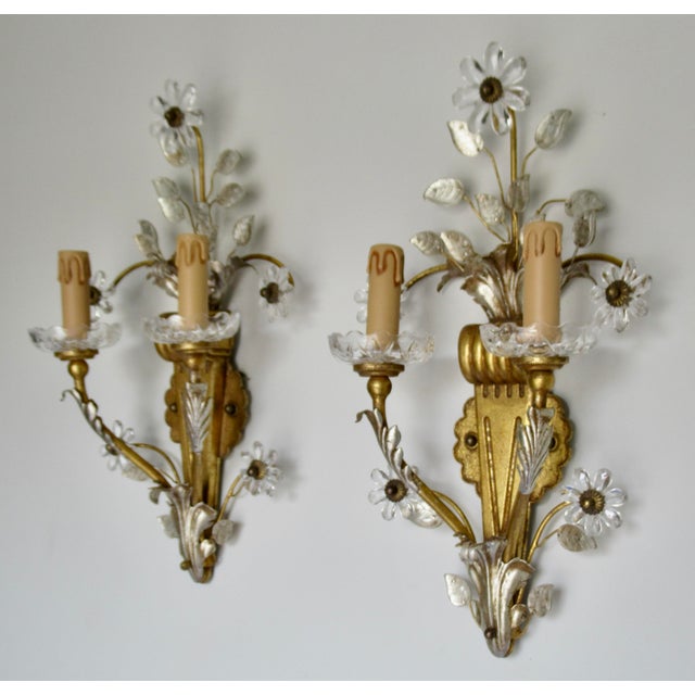 Italian Early 20th Century Banci Gilt & Silvered Bronze Sconces, Italian With Rock Crystal Floral Motif Design -Pair For Sale - Image 3 of 18