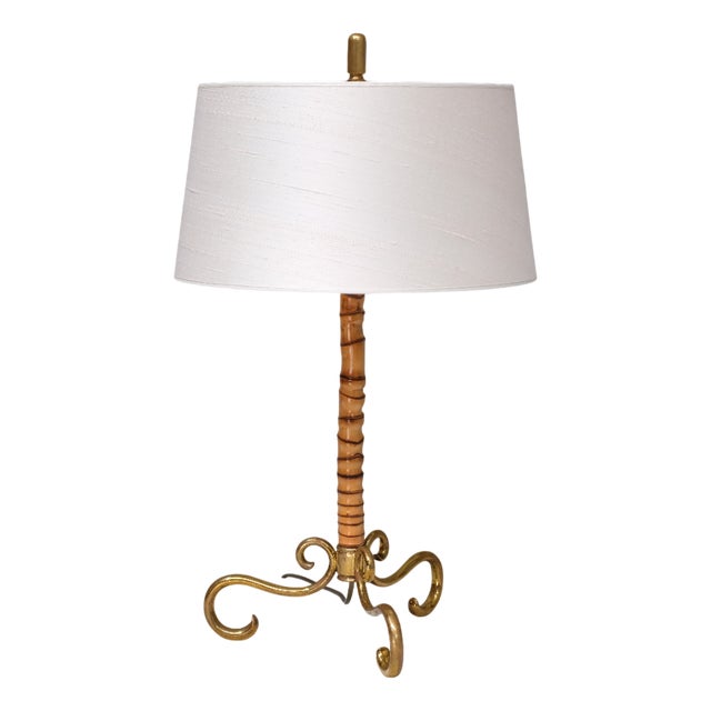 Brass and Bamboo Table Lamp with Silk Shade attributed to J. T. Kalmar, Austria, 1950s For Sale