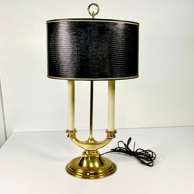 Brass Mid-Century French Regency Neoclassical Bouilette Table Lamp & Reptile Embossed Black Shade For Sale - Image 8 of 15