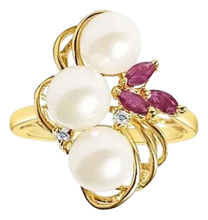 Freshwater Pearl, Ruby & Diamond Cluster Cocktail Ring 14k Yellow Gold, Size 3