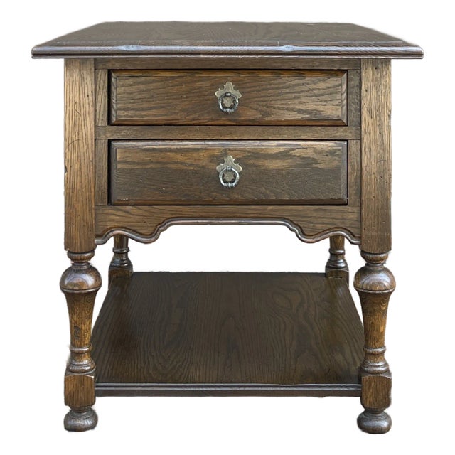 1970s Ethan Allen Royal Charter Collection Jacobean Oak 2 Drawer Tiered Side or End Table For Sale