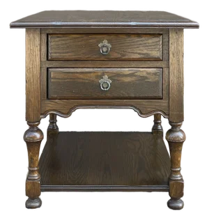 1970s Ethan Allen Royal Charter Collection Jacobean Oak 2 Drawer Tiered Side or End Table