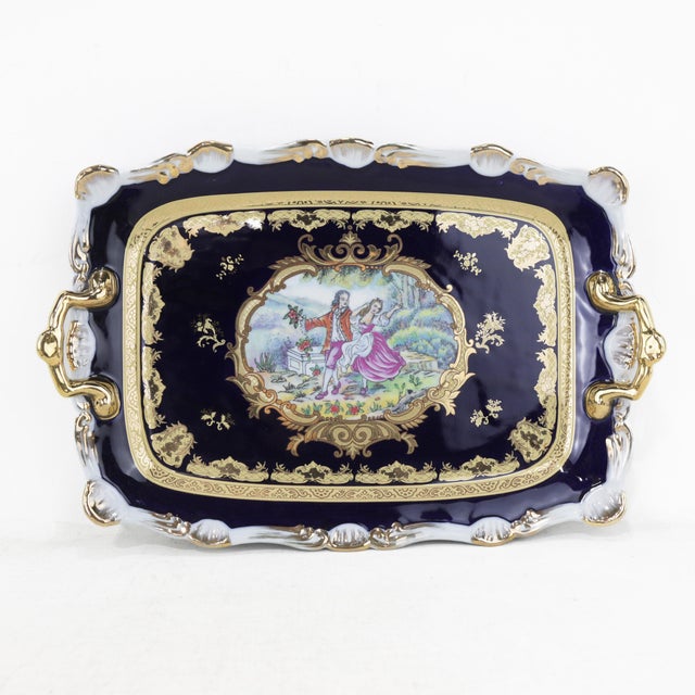 Vintage Cobalt Blue & Gold Porcelain Tea Set – Romantic Courting Scene For Sale - Image 4 of 12