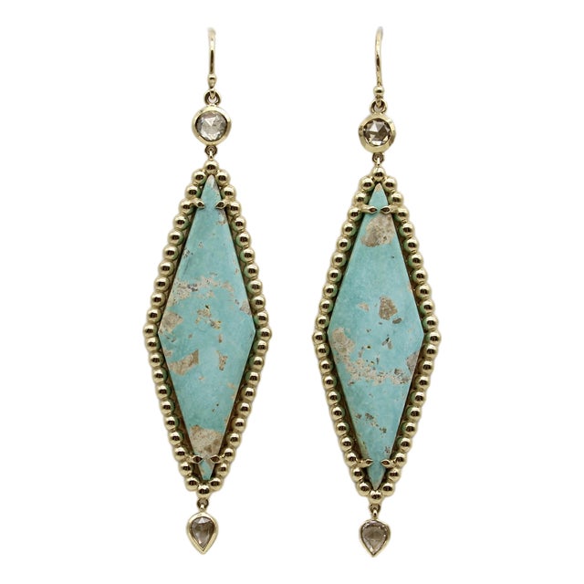 14k Gold Turquoise and Rose Cut Diamond Dangle Earrings, Pair For Sale