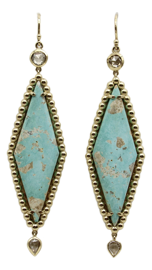 14k Gold Turquoise and Rose Cut Diamond Dangle Earrings, Pair