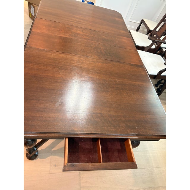 Jacobean 1920s Walnut Dining Set Table and 6 Chairs For Sale - Image 12 of 12
