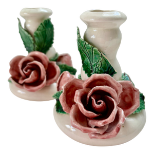 Vintage Pair of Majolica Rose Candlesticks, Made in Italy
