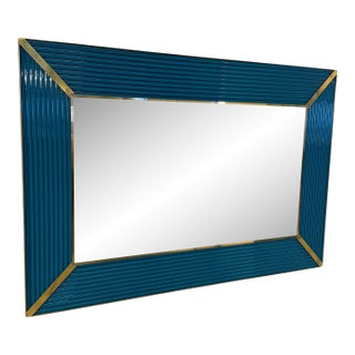 Mid-Century Italian Mirror With Teal Ribbed Frame and Brass Accents 1970s For Sale