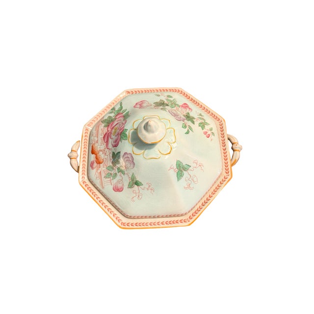 William Adams and Company Vintage Chinoiserie Adams Calyx Ware Metz Aqua Blue Octagonal Covered Serving Dish For Sale - Image 4 of 11