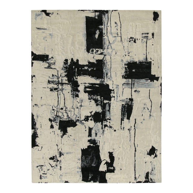 Rug & Kilim’s Abstract Rug in Ivory With Black and Ice Blue Patterns For Sale