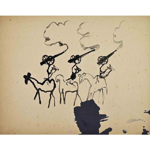Mino Maccari, Cannons and War, Watercolor on Paper, 1960s For Sale - Image 3 of 3