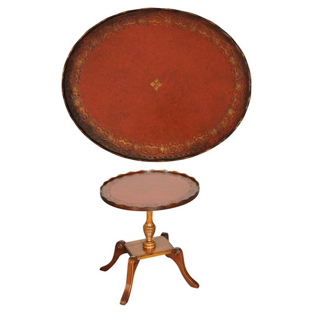 Vintage Yew Wood Burgundy Leather Top Side Table with Pie Crust For Sale - Image 11 of 11