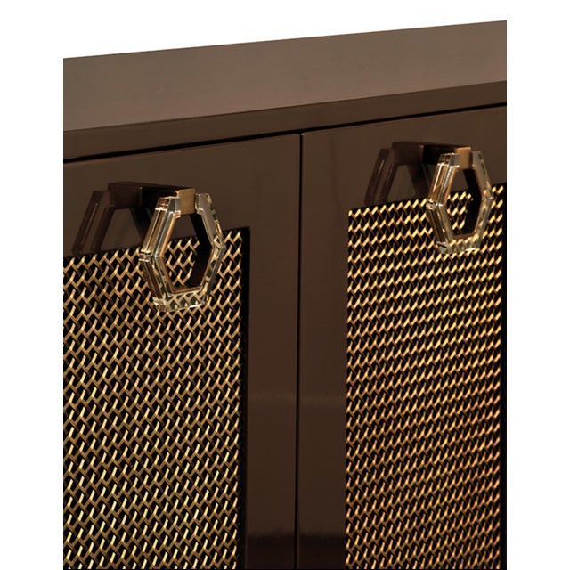 Worlds Away Matthew Izzo Home Marcella Glossy Chocolate Brown Four Door Buffet Cabinet With Brass Mesh Doors and Acrylic Door Pulls For Sale - Image 4 of 9