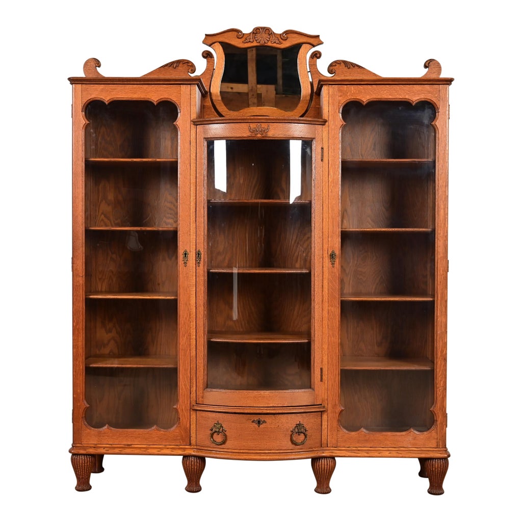 R. J. Horner Style Antique Victorian Carved Oak Triple Bookcase