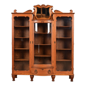 R. J. Horner Style Antique Victorian Carved Oak Triple Bookcase, Circa 1880s