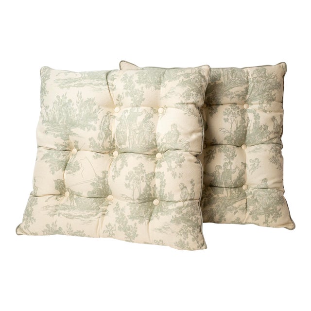 Pair of Tufted Toile & Silk Euro Pillows For Sale