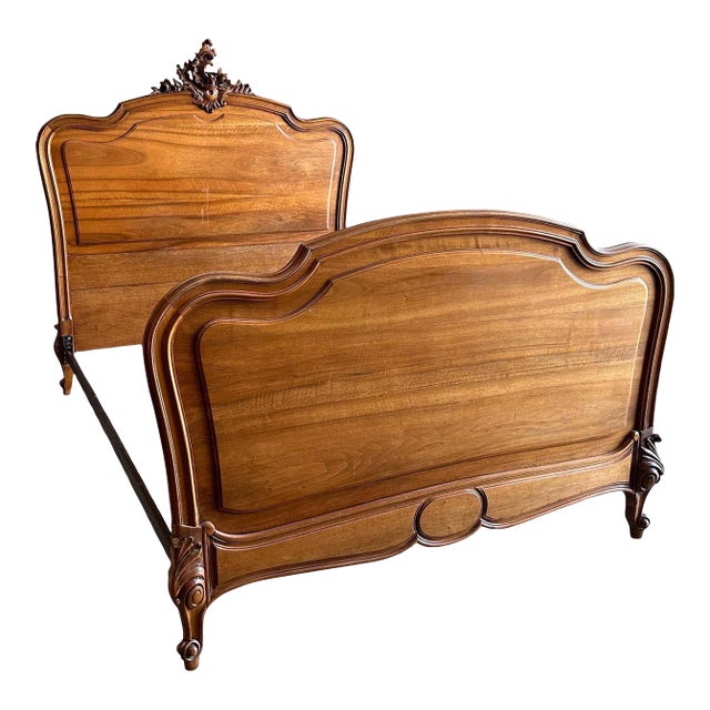 Antique Walnut Louis XV Style Full Size Bed With Metal Rails For Sale