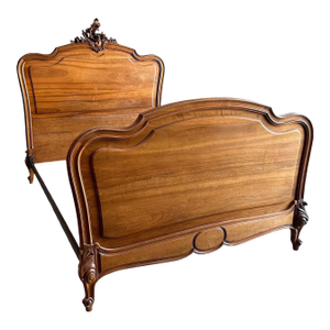 Antique Walnut Louis XV Style Full Size Bed With Metal Rails