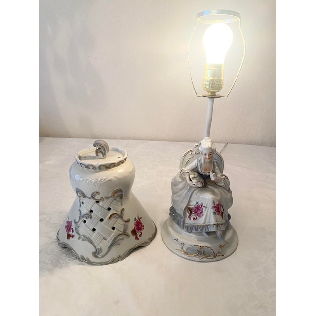 Vintage Porcelain Capodimonte/Dresden Style Figural Nobel Lady Boudoir Lamp With Matching Reticulated Shade Excellent Condition For Sale - Image 11 of 14