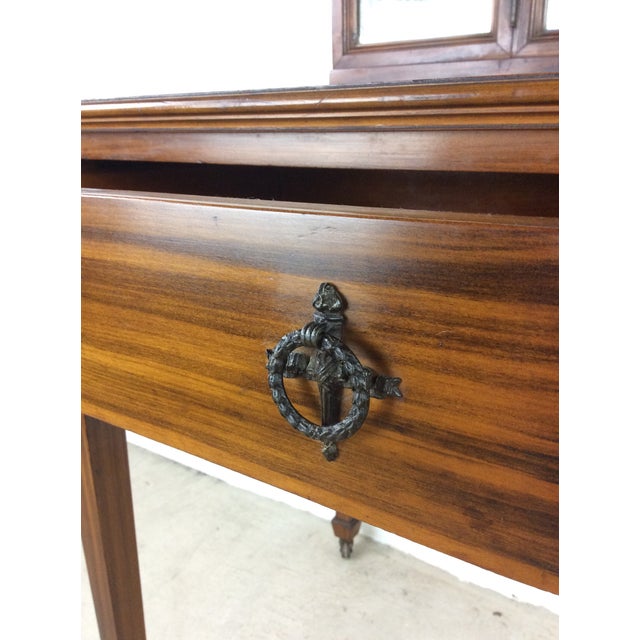 Antique Mahogany Mirrored Vanity With Locking Drawer & Caned Chair