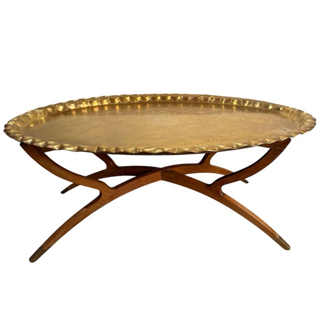 Moroccan Vintage Moroccan Brass Tray Top Table With Folding Spider-Leg Base For Sale - Image 3 of 10