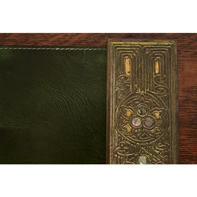 Metal Tiffany Studios New York Bronze and Abalone Blotter Ends With Leather Desk Blotter For Sale - Image 7 of 11