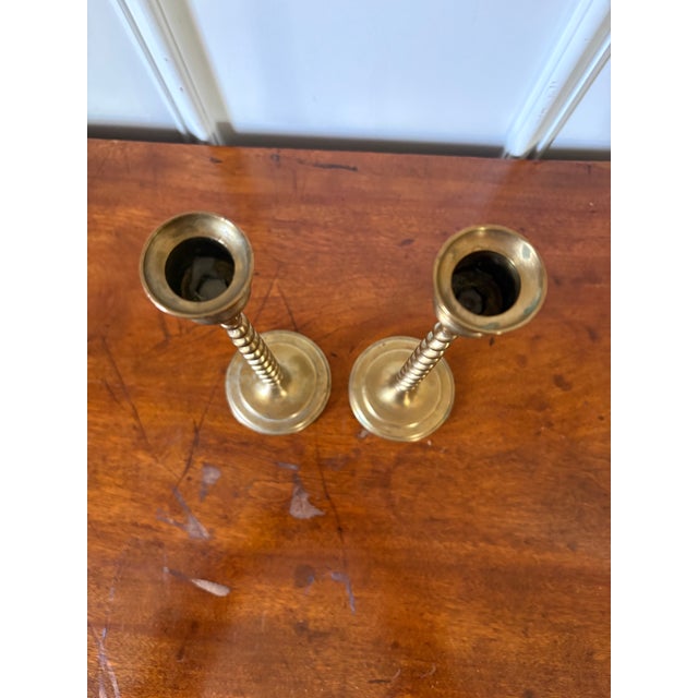 Pair of Polished Brass English Barley Twist Candlesticks, 19th Century