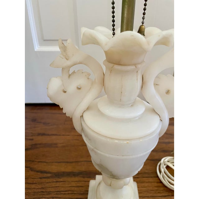 Metal Vintage Carved Alabaster Two Bulb Table Lamp With Floral Motif For Sale - Image 7 of 11