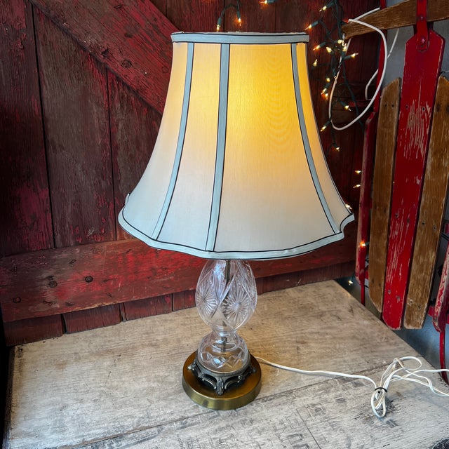 Vintage Glass & Brass Table Lamp With Etched Floral Design & Fabric Shade For Sale - Image 15 of 16