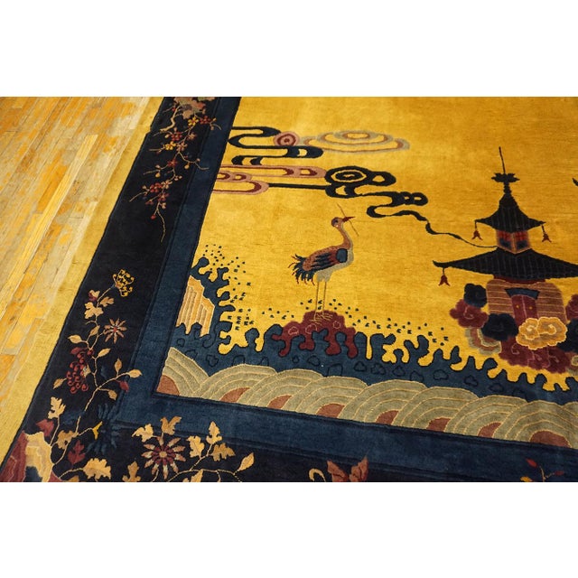 1920s Canary Yellow Scene Pictoral Antique Chinese Art Deco Hand Knotted Rug 9'x 11' 7" Wool Carpet For Sale - Image 11 of 17