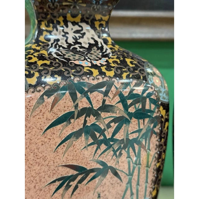 Late 19th Century Pair of Japanese Cloisonne Enamel Vases With Kirin, Tiger, Dragon and Phoenix For Sale - Image 15 of 17
