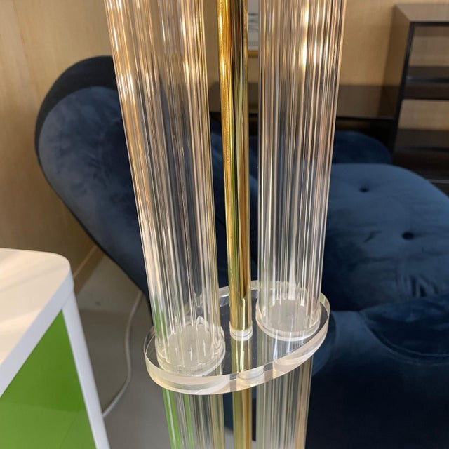 1980s Art Deco Inspired Clear Acrylic Lucite and Gold Brass Torchiere Floor Lamp For Sale - Image 6 of 12