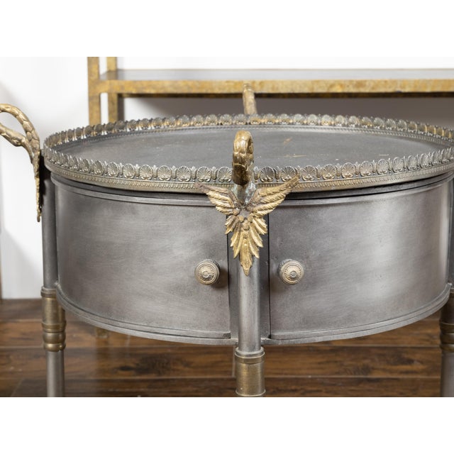 Mid 20th Century Pair of Trouvailles Metal and Brass Side Tables with Swan Necks and Doors For Sale - Image 5 of 11