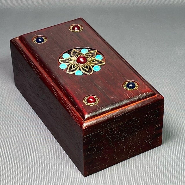 Chinese Rosewood Box With Turquoise & Gem Inlay - Chinese Jewelry Storage Chest For Sale - Image 3 of 9