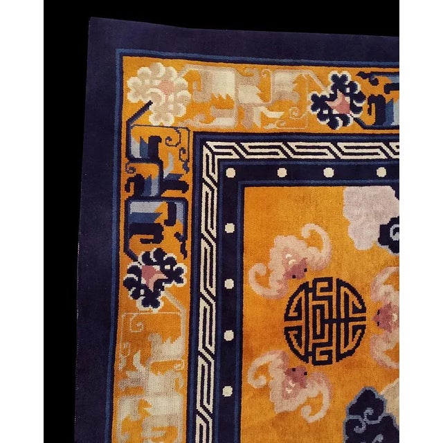 1960s Orange Cloud Bands Symbols Antique Chinese Peking Rug 7'2" X 10'4" Knotted Wool Carpet For Sale - Image 4 of 10