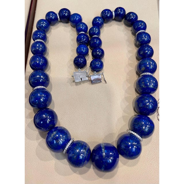 Certified Vintage Lapis Lazuli Single Strand Diamond Necklace 14 Kt White Gold For Sale - Image 11 of 18